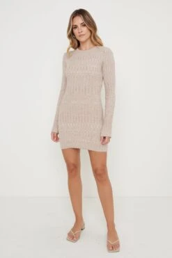 Jayla Long Sleeve Knit Dress - Beige -By Knitwear Shop Jayla Space Dye Dress Beige 2095