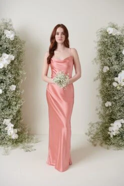 Keisha Maxi Bridesmaid Dress - Matte Apricot Pink -By Knitwear Shop KESHIA SATIN APRICOT 2734