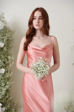 Keisha Maxi Bridesmaid Dress - Matte Apricot Pink -By Knitwear Shop KESHIA SATIN APRICOT 2762