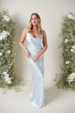 Keisha Maxi Bridesmaid Dress - Matte Ice Blue -By Knitwear Shop KESHIA SATIN BLUE 3681