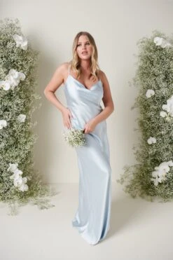 Keisha Maxi Bridesmaid Dress - Matte Ice Blue -By Knitwear Shop KESHIA SATIN BLUE 3707