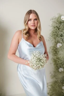 Keisha Maxi Bridesmaid Dress - Matte Ice Blue -By Knitwear Shop KESHIA SATIN BLUE 3716