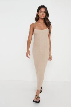 Keisha Crochet Midaxi Dress - Taupe -By Knitwear Shop Keisha Crochet Knit Dress Beige 3183