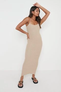 Keisha Crochet Midaxi Dress - Taupe -By Knitwear Shop Keisha Crochet Knit Dress Beige 3191