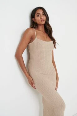 Keisha Crochet Midaxi Dress - Taupe -By Knitwear Shop Keisha Crochet Knit Dress Beige 3192