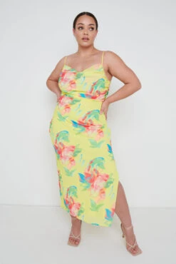 Keisha Ruched Midaxi Dress Curve - Lemon Abstract Floral