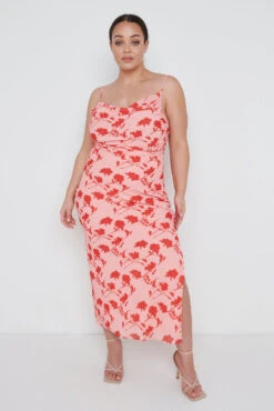 Keisha Ruched Midaxi Dress Curve - Pink And Red Floral