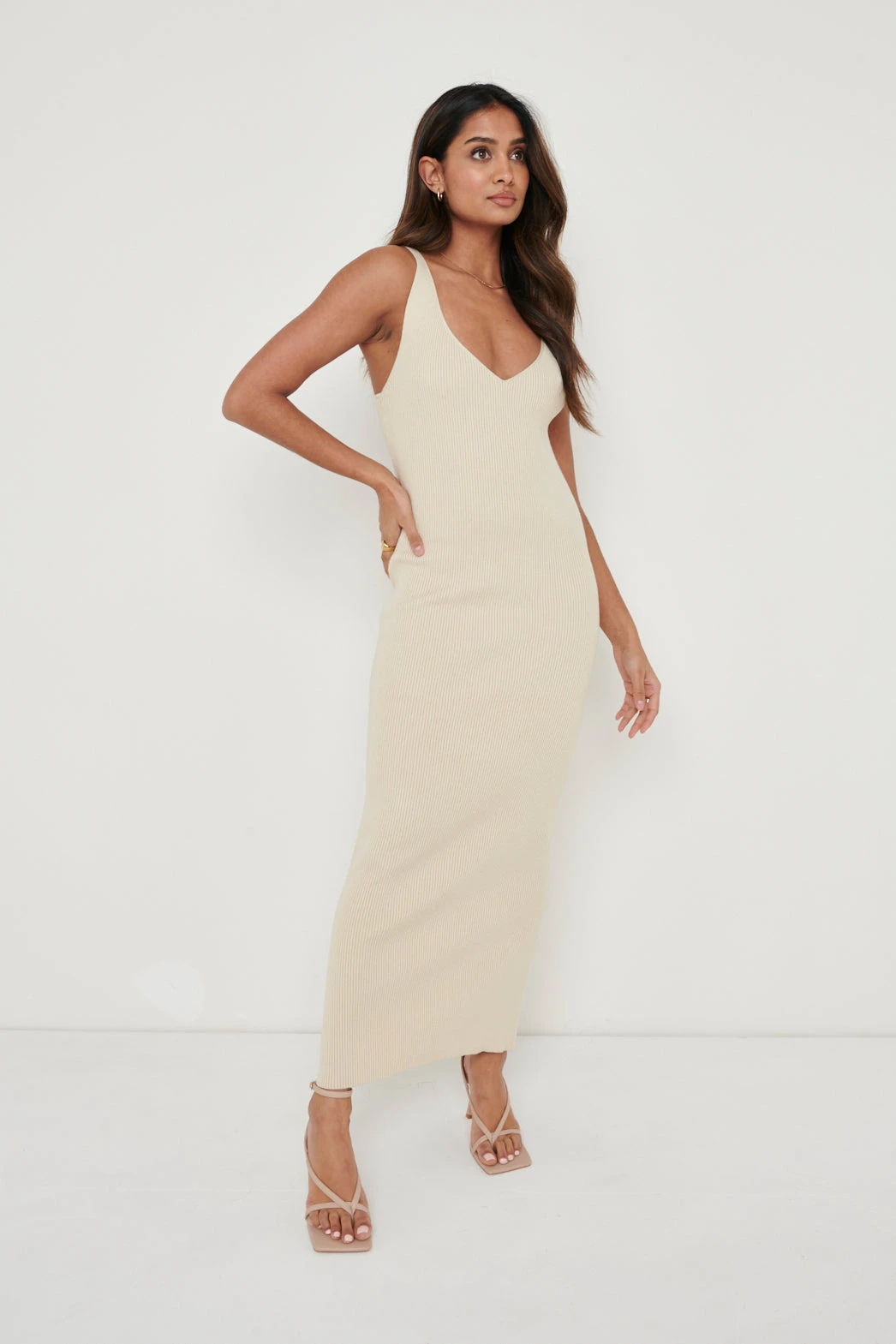 Lara Ribbed Midaxi Dress - Light Beige 3 Lara Ribbed Midaxi Dress - Light Beige
