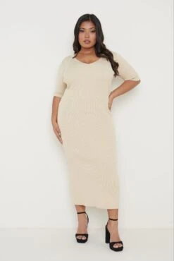 Lara Ribbed Midi Dress - Beige -By Knitwear Shop Lara Dress Beige Curve 641