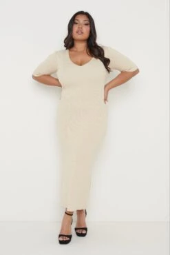 Lara Ribbed Midi Dress - Beige -By Knitwear Shop Lara Dress Beige Curve 663