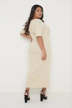 Lara Ribbed Midi Dress - Beige -By Knitwear Shop Lara Dress Beige Curve 671