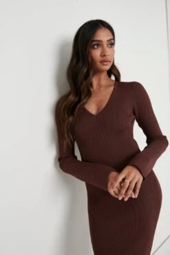 Lara Long Sleeve Dress- Brown -By Knitwear Shop Lara Long Sleeve Brown 358