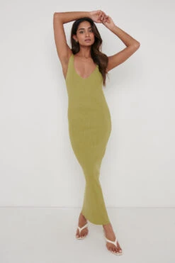 Lara Ribbed Midaxi Dress - Olive
