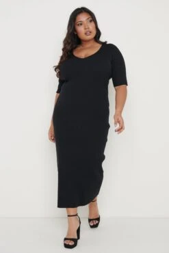 Lara Ribbed Midi Dress - Black -By Knitwear Shop Lara Ribbed Dress Black Curve 471