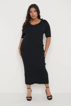 Lara Ribbed Midi Dress - Black -By Knitwear Shop Lara Ribbed Dress Black Curve 473
