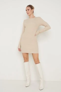 Laurel Long Sleeve Knit Mini Dress - Beige -By Knitwear Shop Laurel Mini Dress Beige 2385