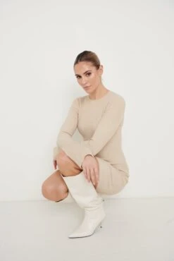 Laurel Long Sleeve Knit Mini Dress - Beige -By Knitwear Shop Laurel Mini Dress Beige 2428