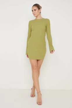 Laurel Long Sleeve Knit Mini Dress - Dark Olive Green -By Knitwear Shop Laurel Mini Dress Dark Olive Green 2185