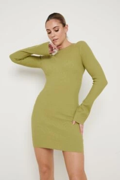 Laurel Long Sleeve Knit Mini Dress - Dark Olive Green