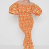 Leona Bardot Shirred Midaxi Dress Curve - Orange And Yellow Floral -By Knitwear Shop Leona Shirred Bardot Dress Curve 2636