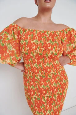 Leona Bardot Shirred Midaxi Dress Curve - Orange And Yellow Floral -By Knitwear Shop Leona Shirred Bardot Dress Curve 2642