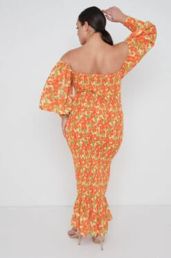 Leona Bardot Shirred Midaxi Dress Curve - Orange And Yellow Floral -By Knitwear Shop Leona Shirred Bardot Dress Curve 2660