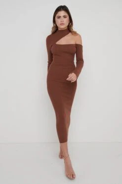 Lillian Cut Out Midaxi Knit Dress - Brown -By Knitwear Shop Lillian Cut Out Midaxi Dress Brown 1019