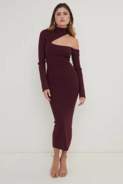 Lillian Cut Out Midaxi Knit Dress - Wine -By Knitwear Shop Lillian Cut Out Midaxi Dress Wine 1613