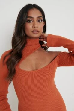 Lillian Cut Out Mini Knit Dress - Orange -By Knitwear Shop Lillian Cut Out Mini Dress Orange66