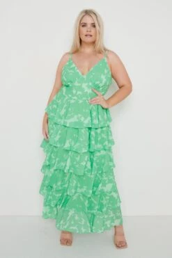 Lissy Ruffle Midaxi Dress - Green Floral -By Knitwear Shop Lissy Ruffle Midaxi Green 1168