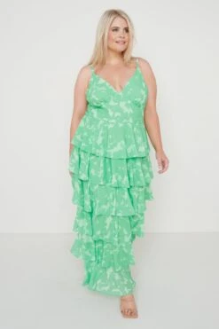Lissy Ruffle Midaxi Dress - Green Floral -By Knitwear Shop Lissy Ruffle Midaxi Green 1178