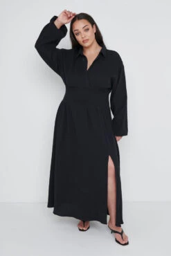 Loretta Shirred Midaxi Dress Curve - Black