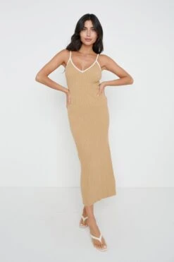 Lorin Contrast Strap Knit Dress - Camel