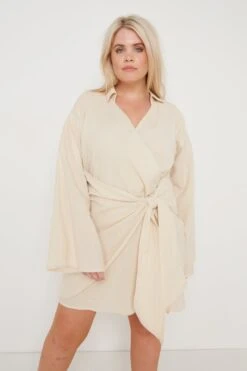 Louis Tie Mini Dress - Sand -By Knitwear Shop Louis Wrap Dress Sand 2994