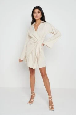 Louis Tie Mini Dress - Sand -By Knitwear Shop Louis tie dress cream 1328