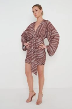 Louise Knot Drape Dress - Abstract Wave Espresso -By Knitwear Shop Louise Knot Drape Dress Espresso Print 2496