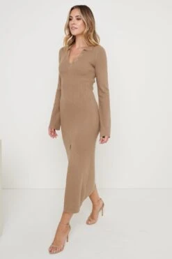 Luna Button V-Neck Knit Dress - Taupe 11 Luna Button V-Neck Knit Dress - Taupe -By Knitwear Shop Luna Knit Dress Taupe 1047