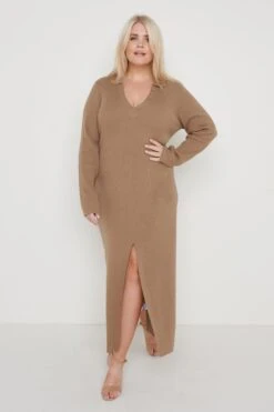 Luna Button V-Neck Knit Dress - Taupe 12 Luna Button V-Neck Knit Dress - Taupe -By Knitwear Shop Luna Knit Dress Taupe 1935