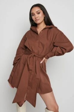 Mabel Mini Shirt Dress- Brown