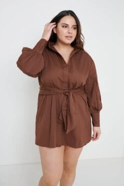 Mabel Mini Shirt Dress- Brown -By Knitwear Shop Mabel shirt dress brown 4612