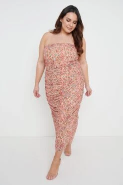 Matilda Ruched Midaxi Dress - Orange Ditsy Floral -By Knitwear Shop Matilda midi curve 1382