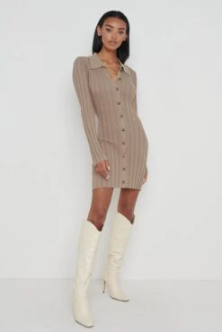 Micah Ribbed Mini Knit Dress - Taupe -By Knitwear Shop Micah Mini Knit Dress Taupe 2474