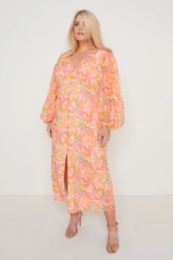 Naya Midaxi Dress - Orange And Pink Floral -By Knitwear Shop Naya Midaxi Print 1517