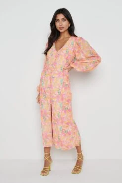 Naya Midaxi Dress - Orange And Pink Floral -By Knitwear Shop Naya midaxi 661