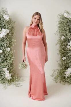 Odelle Maxi Bridesmaid Dress - Matte Apricot Pink -By Knitwear Shop ODELLE SATIN APRICOT 2813