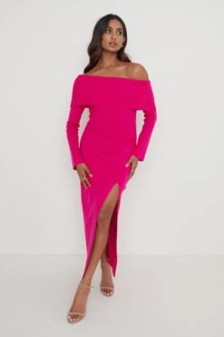 Payton Asymmetric Bardot Knit Dress - Pink -By Knitwear Shop Payton Asymetric Bardot Knit Dress Pink51