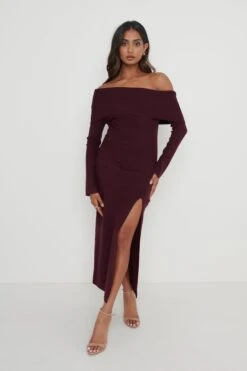 Payton Asymmetric Bardot Knit Dress - Wine