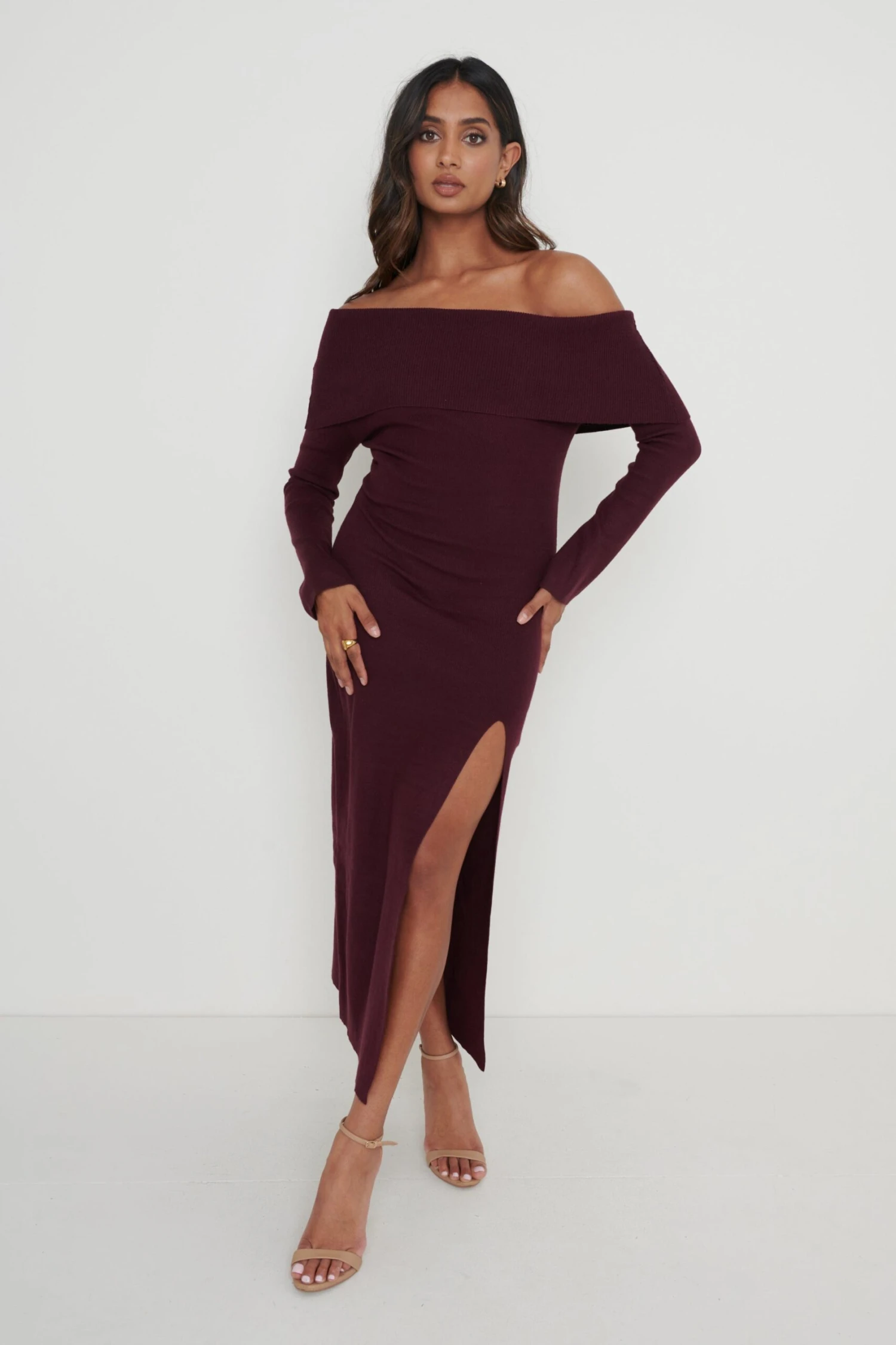 Payton Asymmetric Bardot Knit Dress - Wine 7 Payton Asymmetric Bardot Knit Dress - Wine - Image 5