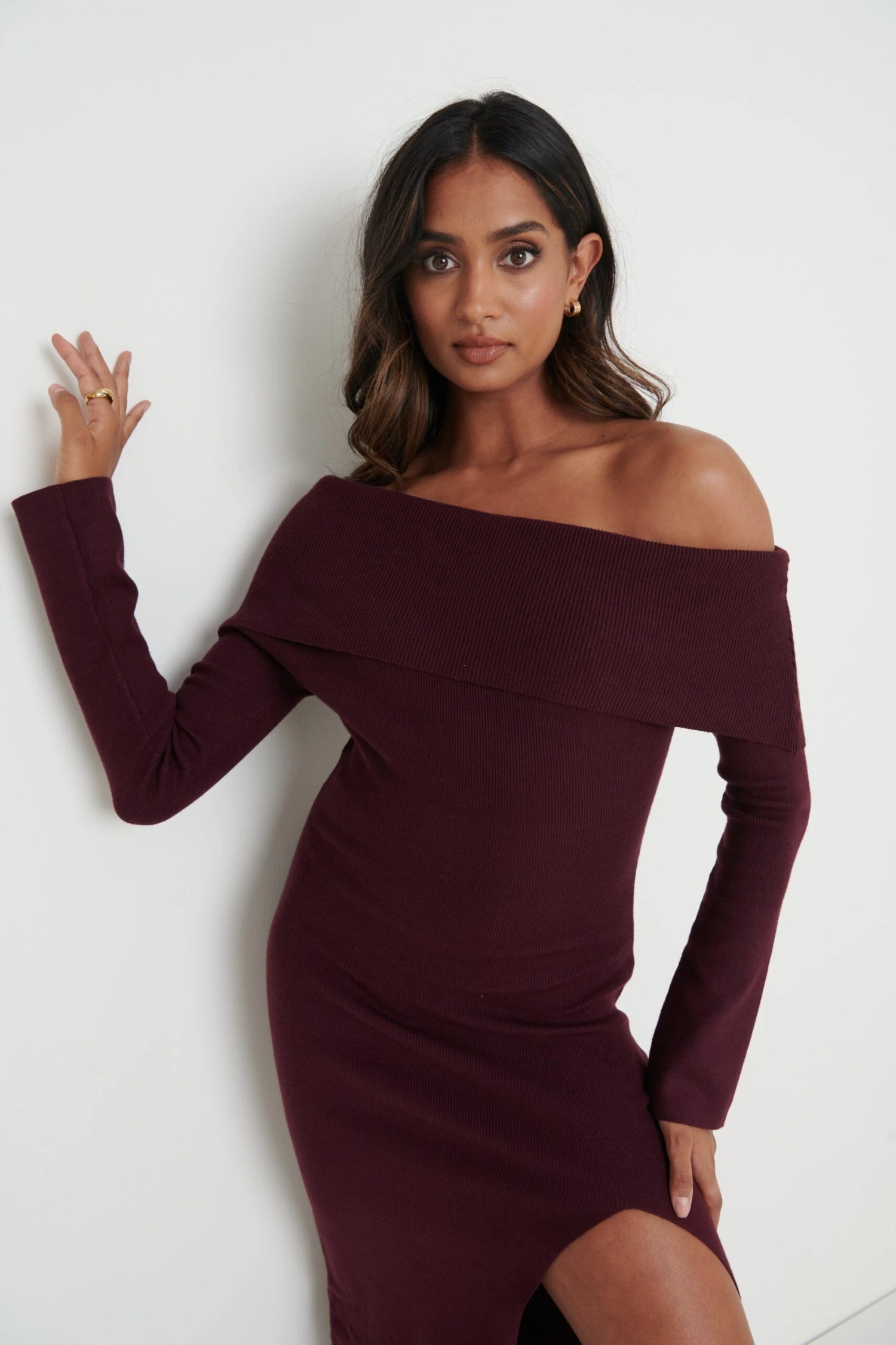 Payton Asymmetric Bardot Knit Dress - Wine 5 Payton Asymmetric Bardot Knit Dress - Wine - Image 3