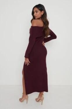 Payton Asymmetric Bardot Knit Dress - Wine 10 Payton Asymmetric Bardot Knit Dress - Wine -By Knitwear Shop Payton Asymetric Bardot Knit Dress Wine58